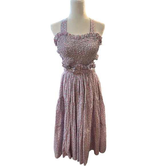 100% Cotton Floral Midi Dress Cross Back Smocked Pink White Summer Casual S - Picture 1 of 6
